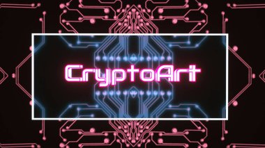 Işıldayan devre kartlarının arka planında üç boyutlu şifreleme sanatı parlıyor. Kripto sanat konsepti. 3d resimleme