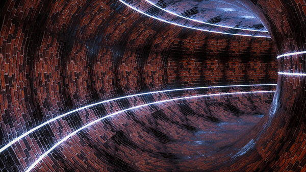 3D круглый абстрактный тоннель с светящимися неоновыми световыми линиями. текстурированные стены. Трехмерная иллюстрация