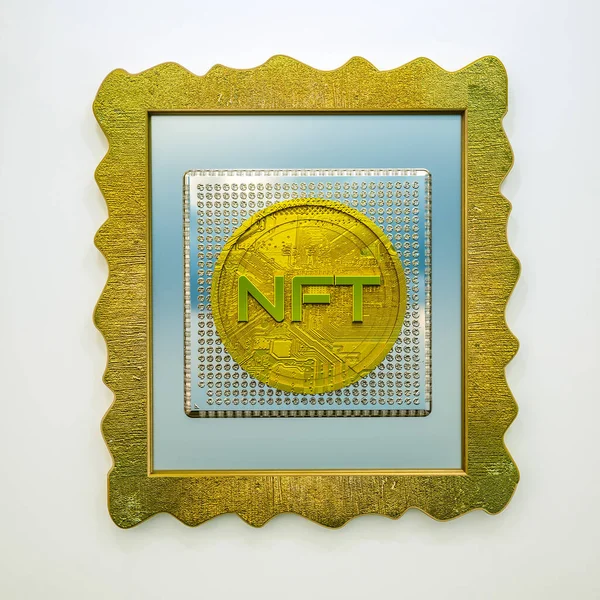 picture with the word nft with gold textured frame on a white wall. crypto art concept. 3d render illustration