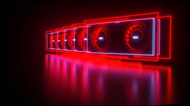Siyah zemin üzerinde kırmızı neon ışığı olan çoklu video kartları. Kripto çiftlik konsepti. Madencilik kripto para birimi. 3d resimleme