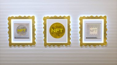 Duvarında NFT yazılarının asılı olduğu resim galerisi. Kriptoart konsepti. 3d resimleme