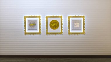 Duvarında NFT yazılarının asılı olduğu resim galerisi. Kriptoart konsepti. 3d resimleme