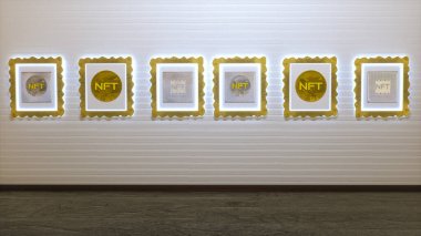 Duvarında NFT yazılarının asılı olduğu resim galerisi. Kriptoart konsepti. 3d resimleme