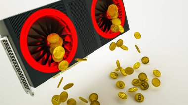 Bitcoin sembollü altın sikkeler beyaz arka plandaki bir video kartın 3 boyutlu modelinden dökülüyor. GPU 'da kripto para çıkarma kavramı. 3d resimleme
