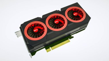 Beyaz arka planda bir video kartın üç boyutlu modeli. GPU adaptörü. 3d resimleme