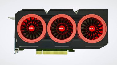Beyaz arka planda bir video kartın üç boyutlu modeli. GPU adaptörü. 3d resimleme