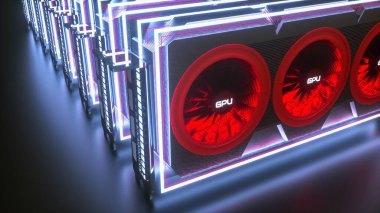 Siyah arka planda neon ışıklı üç boyutlu video kartları var. Maden çiftliği konsepti. 3d resimleme