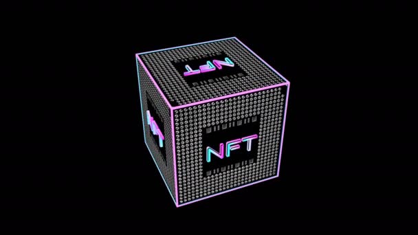 Cubo Tridimensional Giratorio Con Inscripción Nft Concepto Arte Criptográfico Renderizar — Vídeos de Stock