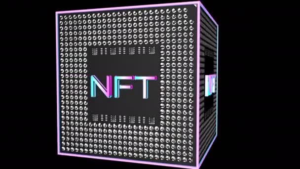 Rotating Three Dimensional Cube Inscription Nft Concept Crypto Art Render — Stock Video