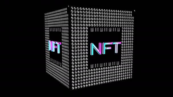 Cubo Tridimensionale Rotante Con Iscrizione Nft Concetto Crypto Art Rendering — Video Stock