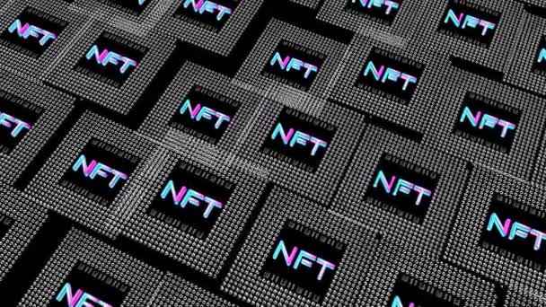 贴有Nft标签的正方形瓷砖慢慢地在黑色背景下上下倾斜 加密的艺术概念 3D渲染 — 图库视频影像
