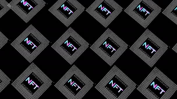 Čtvercový Dlaždice Označené Nft Pomalu Stoupá Klesá Černém Pozadí Kryptografický — Stock video