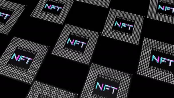 Nftというラベルの付いた正方形のタイルは黒の背景に対してゆっくりと上昇し落下します 暗号芸術の概念 3Dレンダリング — ストック動画