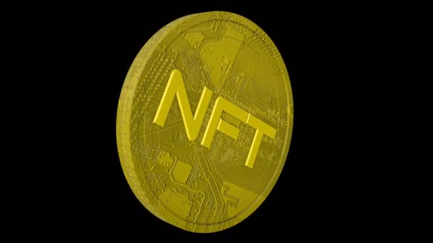 Animowana Złota Moneta Napisem Nft Czarnym Tle Koncepcja Sztuki Kryptograficznej — Wideo stockowe