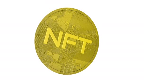 Анимированная Золотая Монета Надписью Nft Белом Фоне Криптографическая Концепция Рендеринг — стоковое видео