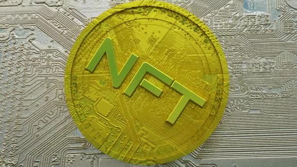 Gold Coin Inscription Nft Rotates Slowly Concept Crypto Art Render — Stock Video