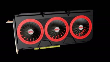 Modern bir video kartın 3 boyutlu modeli ve soğutucuları yakın çekimde. 3d hazırlayıcı