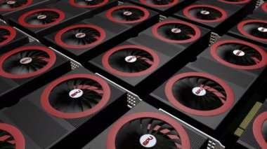 Modern video kartlarının üç boyutlu modelleri ve dönen soğutucuları. GPU 'daki madencilik çiftliği kavramı. 3d hazırlayıcı