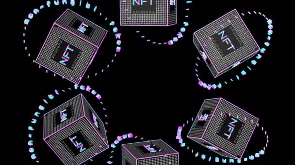 Obracający Się Trójwymiarowy Sześcian Napisem Nft Koncepcja Kryptografii Renderowanie — Wideo stockowe