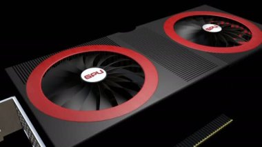 Modern bir video kartın 3 boyutlu modeli ve soğutucuları yakın çekimde. 3d hazırlayıcı