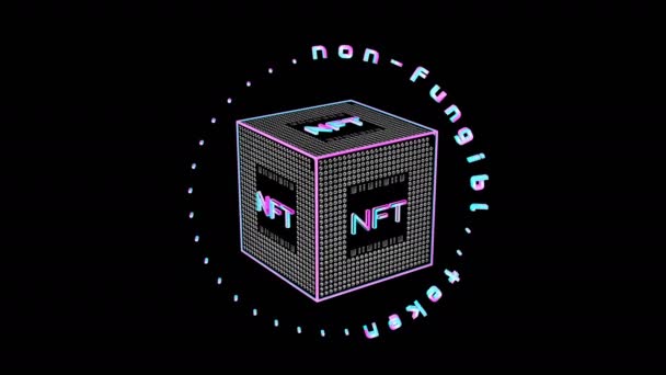 Rotating Three Dimensional Cube Inscription Nft Concept Crypto Art Render — Stock Video