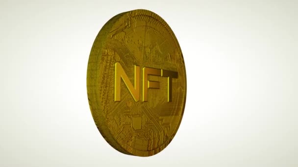 Moneda Oro Giratoria Con Inscripción Nft Sobre Fondo Blanco Concepto — Vídeos de Stock