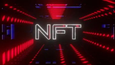 Siyah arkaplanda kırmızı ışık yanıp sönen üç boyutlu Nft harfleri. Soyut döngü arkaplanı. 3d hazırlayıcı