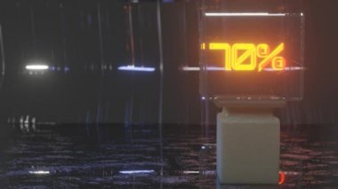 Yüzdeleri olan 3D parlak metin karanlık bir sahnede cam küpte yavaşça döner. İndirim ve satış konsepti. 3d hazırlayıcı