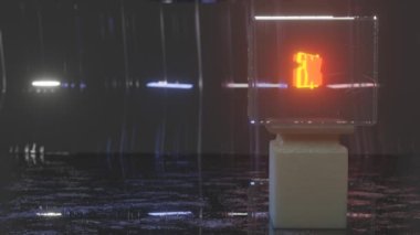 Yüzdeleri olan 3D parlak metin karanlık bir sahnede cam küpte yavaşça döner. İndirim ve satış konsepti. 3d hazırlayıcı