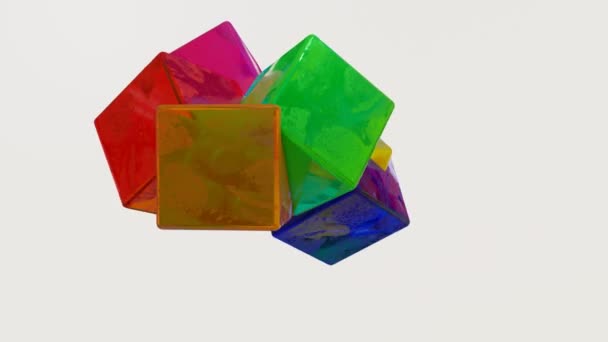 Vários Cubos Multicoloridos Brilhantes Estão Lentamente Movendo Sobre Fundo Branco — Vídeo de Stock