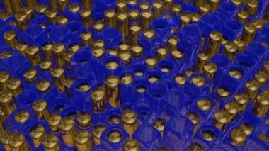 Altın silindirler yavaşça yükselir ve delikli mavi küplerin içine düşer. döngülü animasyon arkaplanı. 3d hazırlayıcı