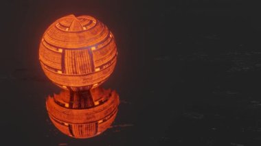 Parlayan kırmızı dokuya sahip koyu renkli bir küre, karanlık bir arkaplanda yavaşça döner. döngülü animasyon arkaplanı. 3d hazırlayıcı