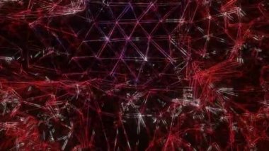 Siyah arka planda kırmızı ve beyaz parlayan üç boyutlu bir ağ. döngülü animasyon arkaplanı. 3d hazırlayıcı