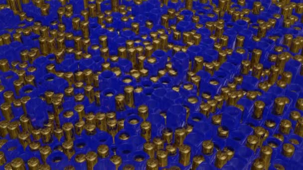 Золоті Циліндри Повільно Піднімаються Падають Сині Кубики Отворами Петлевий Анімований — стокове відео