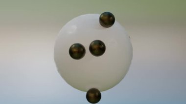 Siyah küreler büyük beyaz bir kürenin yüzeyinde yuvarlanır. Döngülü hareketli arka plan. 3d hazırlayıcı