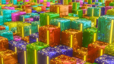 Parlak desenli çok renkli küplerin soyut arkaplanı. 3d resimleme