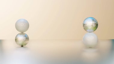 Beyaz ve gümüş küreler birbiri ardına. Soyut kompozisyon. 3d resimleme