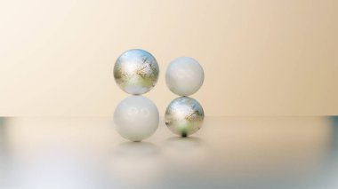 Beyaz ve gümüş küreler birbiri ardına. Soyut kompozisyon. 3d resimleme
