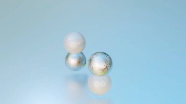 Beyaz ve gümüş küreler birbiri ardına. Soyut kompozisyon. 3d resimleme