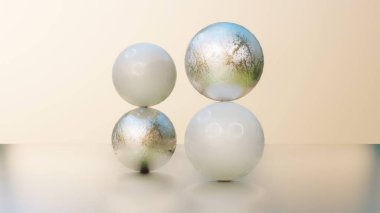 Beyaz ve gümüş küreler birbiri ardına. Soyut kompozisyon. 3d resimleme