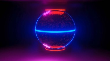 Parlak dokusu ve parlak neon halkaları olan koyu renkli bir küre. Soyut kompozisyon. 3d resimleme
