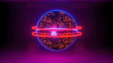 Parlak dokusu ve parlak neon halkaları olan koyu renkli bir küre. Soyut kompozisyon. 3d resimleme