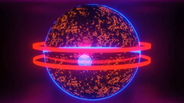 Parlak dokusu ve parlak neon halkaları olan koyu renkli bir küre. Soyut kompozisyon. 3d resimleme