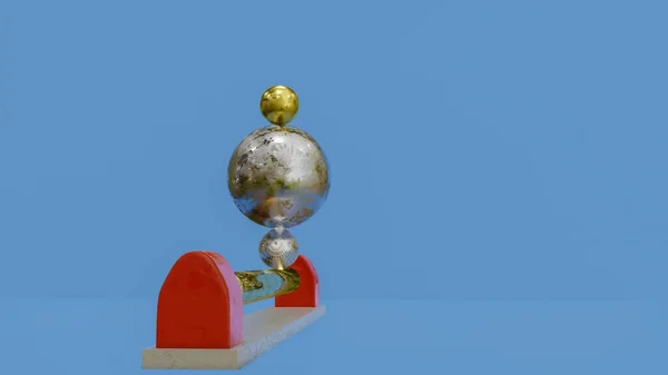もう1つは軸の上に立つ3つの球体です 抽象的な三次元構成 3Dレンダリング図 — ストック写真