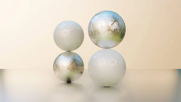 white and silver spheres one on top of the other. abstract composition. 3d render illustration