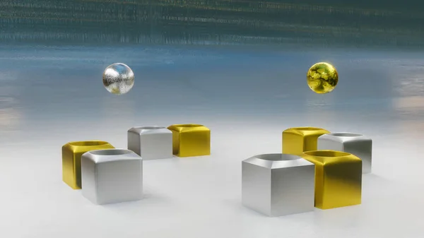 Balões Prata Ouro Voam Sobre Fundo Cinza Composição Abstrata Renderização — Fotografia de Stock