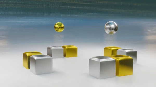 Balões Prata Ouro Voam Sobre Fundo Cinza Composição Abstrata Renderização — Fotografia de Stock