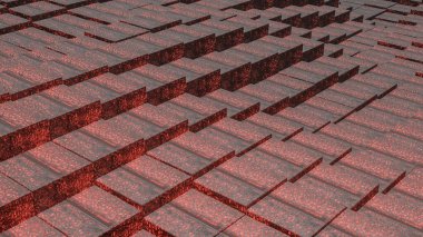 Parlak kırmızı desenli siyah küplerin soyut arkaplanı. 3d resimleme