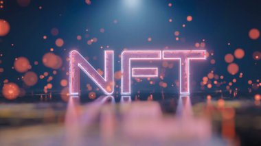 Koyu arkaplanda üç boyutlu, parlayan kırmızı bir yazıt var. Kripto sanat konsepti. 3d resimleme