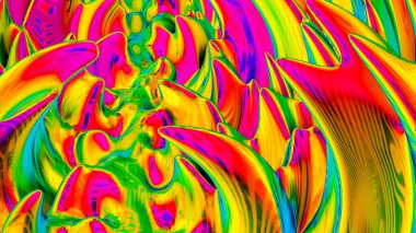 Soyut renkli arkaplan. Deforme olmuş dalgalı yanardöner yüzey. 3d resimleme